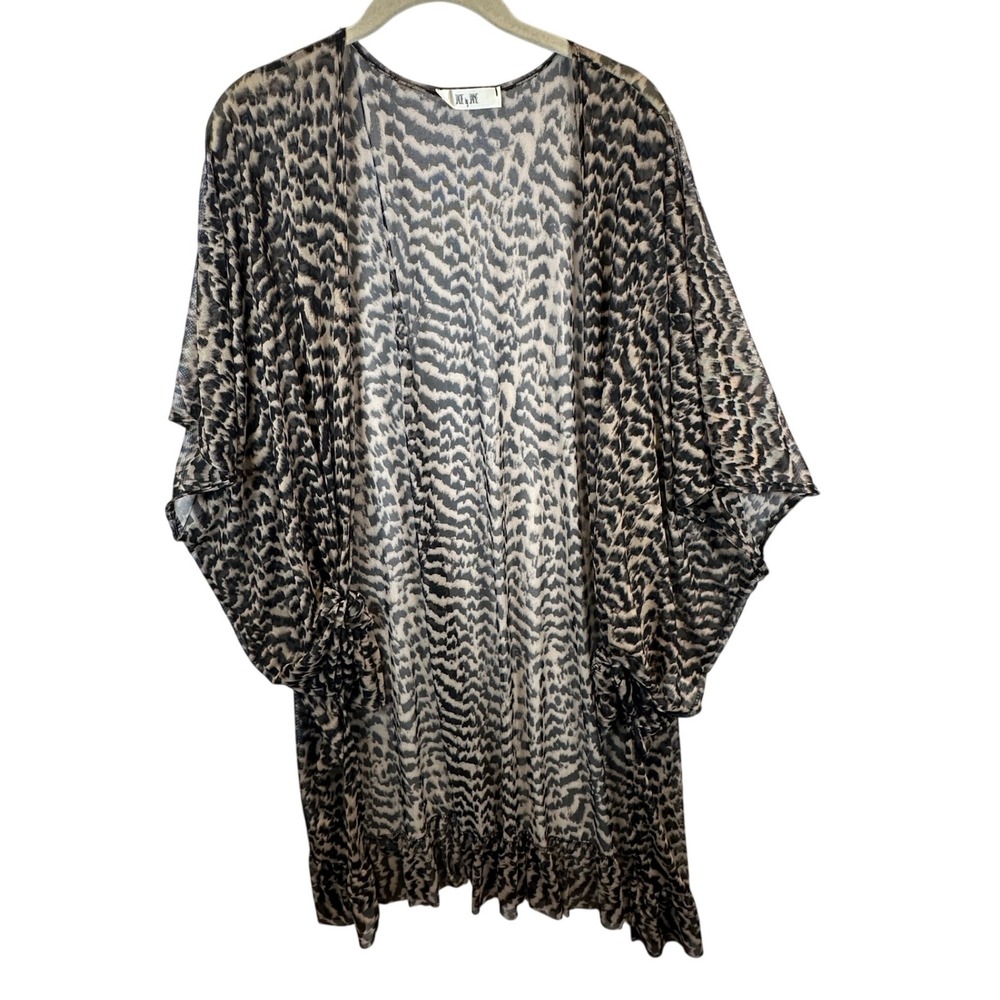 Jade by Jane Animal Print Sheer Mesh Kimono Ruffle Hem Cardigan Cover Up OS